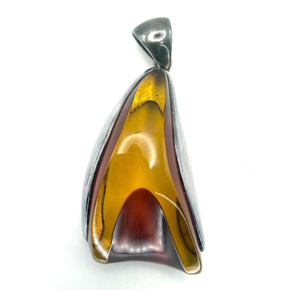 Vintage Modernist‎ Baltic Amber 925 Sterling Silver Large Grade A Pendant